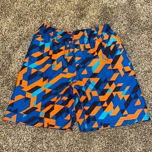 Under Armour Orange and Blue Swim Trunks with Geometric Design